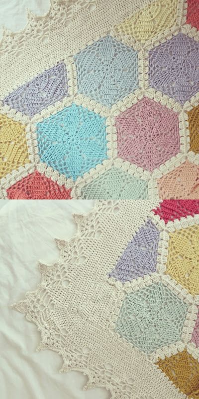 The finished flower hexagon afghan by Haafner.  A beautiful piece... except for the wonky corners. ** Links to the flower motif given on her site, but she had to improvise the half-motifs & did a super job.   #crochet #blanket #throw